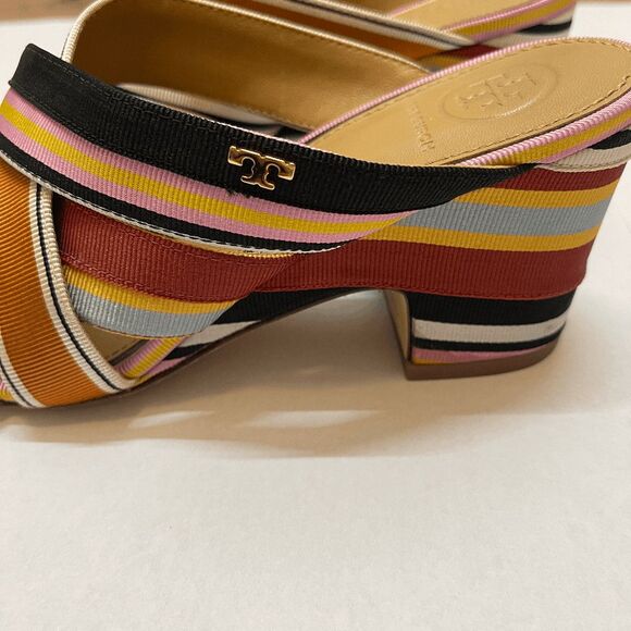 Tory Burch Retro Funky Multicolor Striped Grosgrain Graham Heel Mule Sandals - Picture 2 of 12